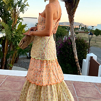 Thumbnail for Model wearing Pink And Green Peony Dress facing away from the camera 