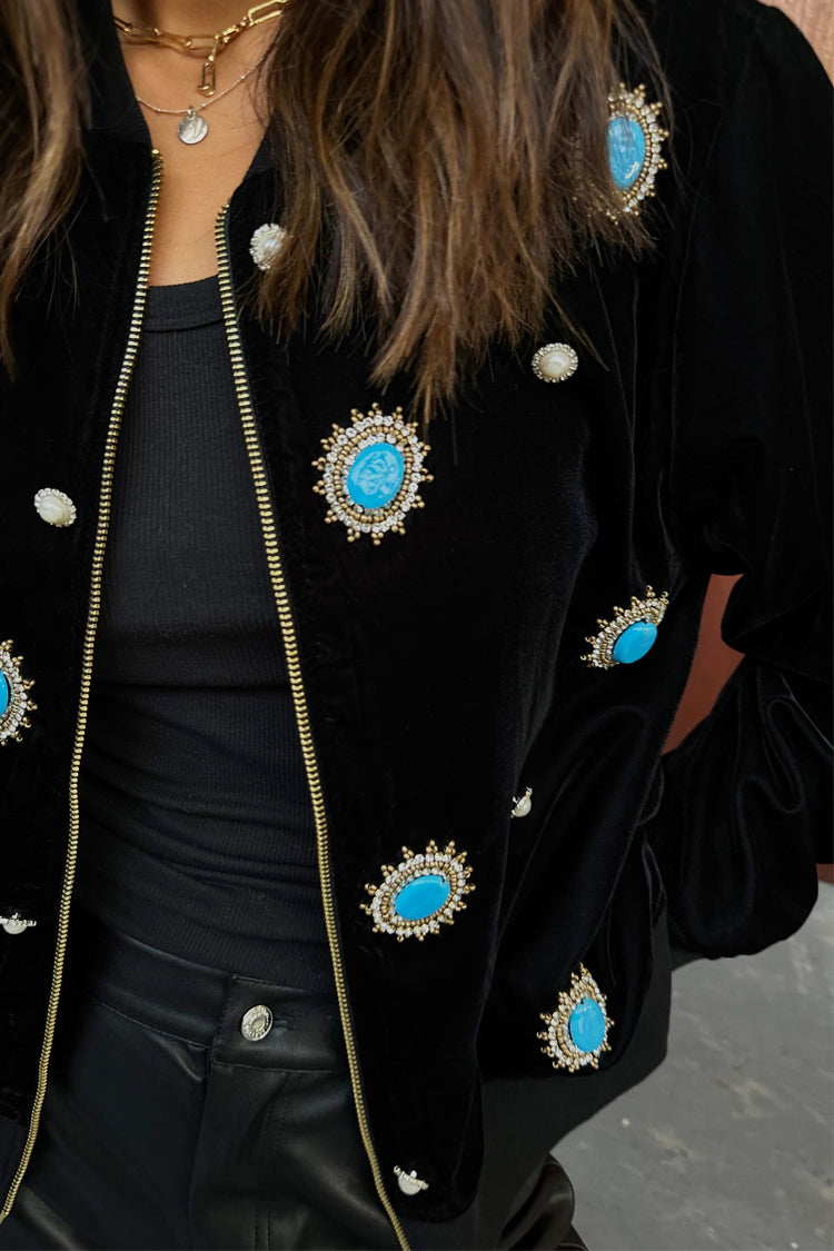 Model wearing Black Velvet Bomber Jacket