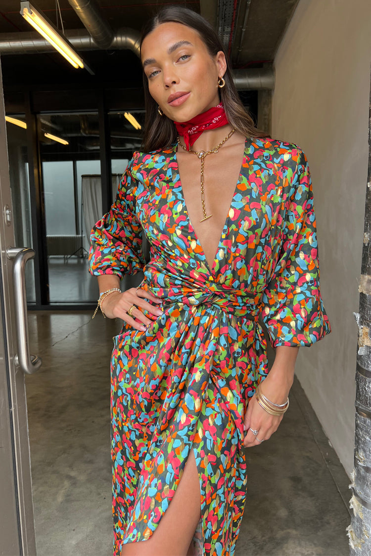 Model wearing Khaki Violet Wrap Dress