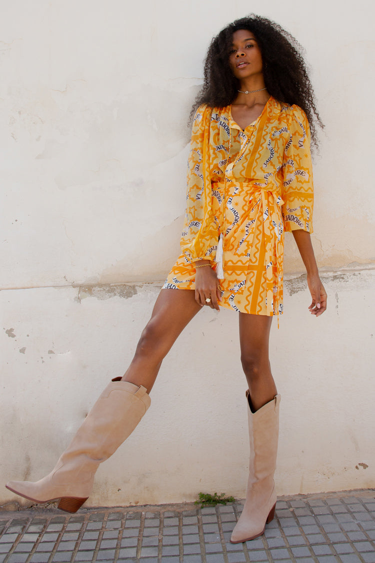 Model wearing Yellow J'adore Shirt