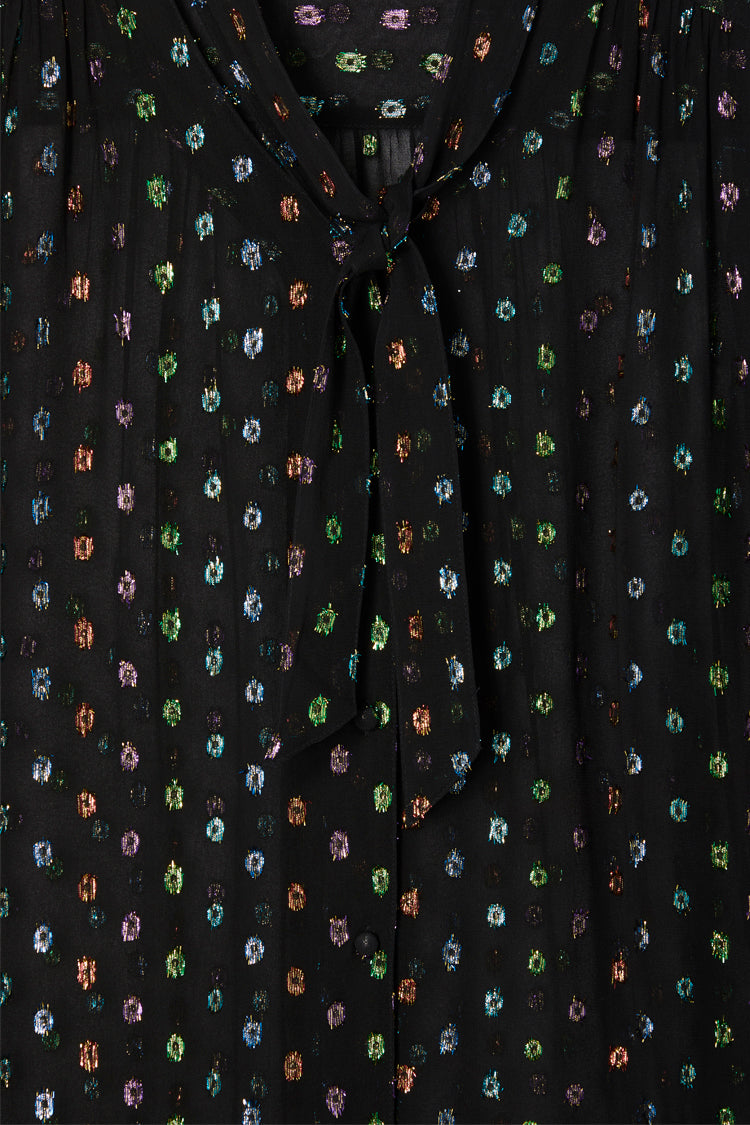 Close up of pattern of Multi Sparkle Pussy Bow Flora Blouse
