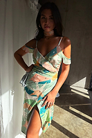 Thumbnail for caption_Model wears Sage Lyra Jaspre Wrap Skirt in UK size 10/ US 6