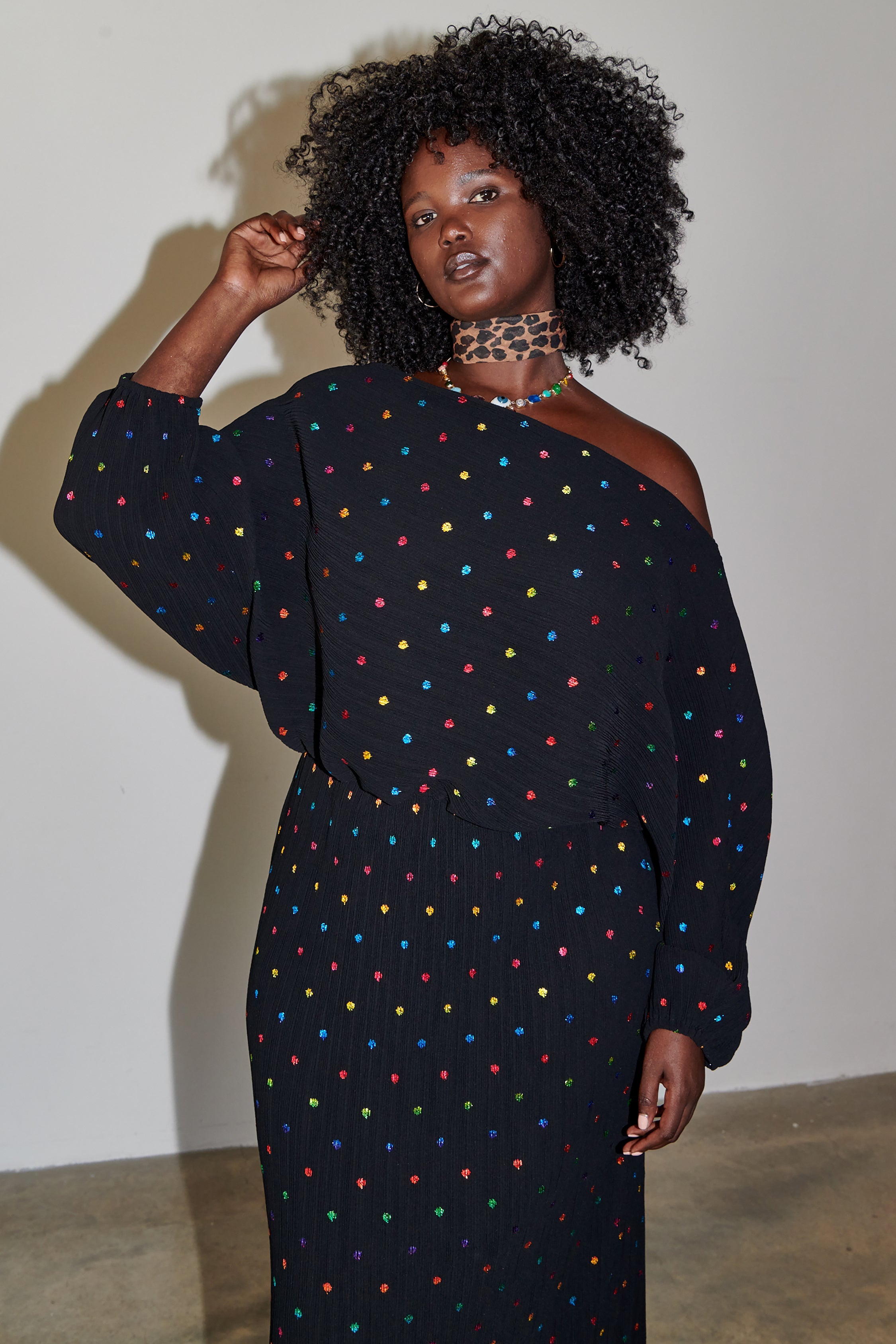 caption_Model wears Multi Spot Long Sleeve Tilly Dress in UK 18 / US 14
