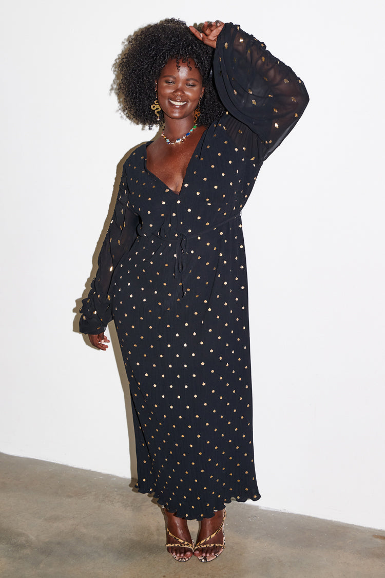 model wearing Black Celia Plisse Dress