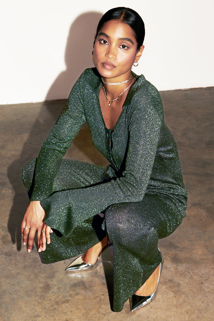 caption_Model wears Emerald Sparkle Trousers in S