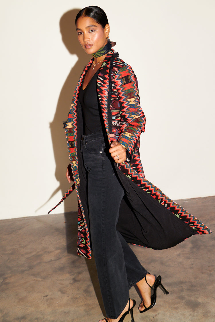 Model wearing Abstract Print Maxi Cardi
