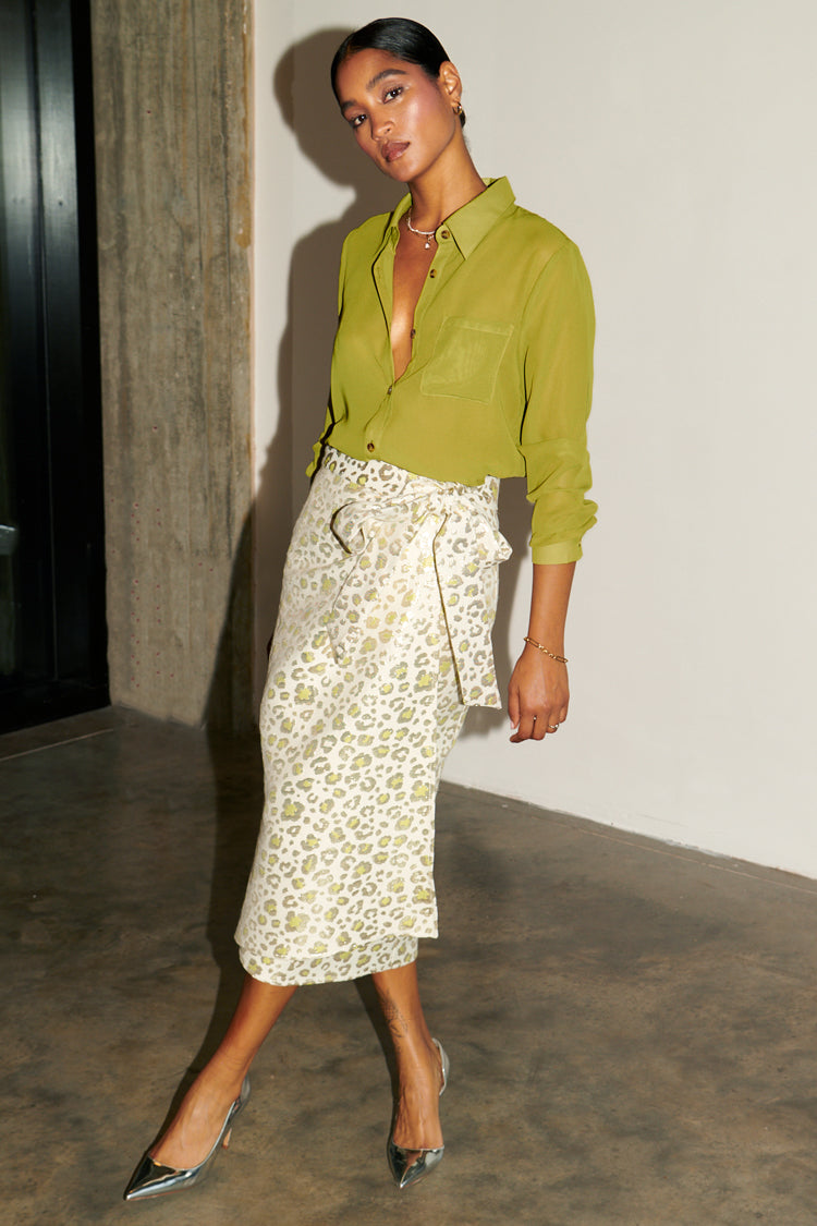 Model wearing Lime Sheer Cristi Shirt 