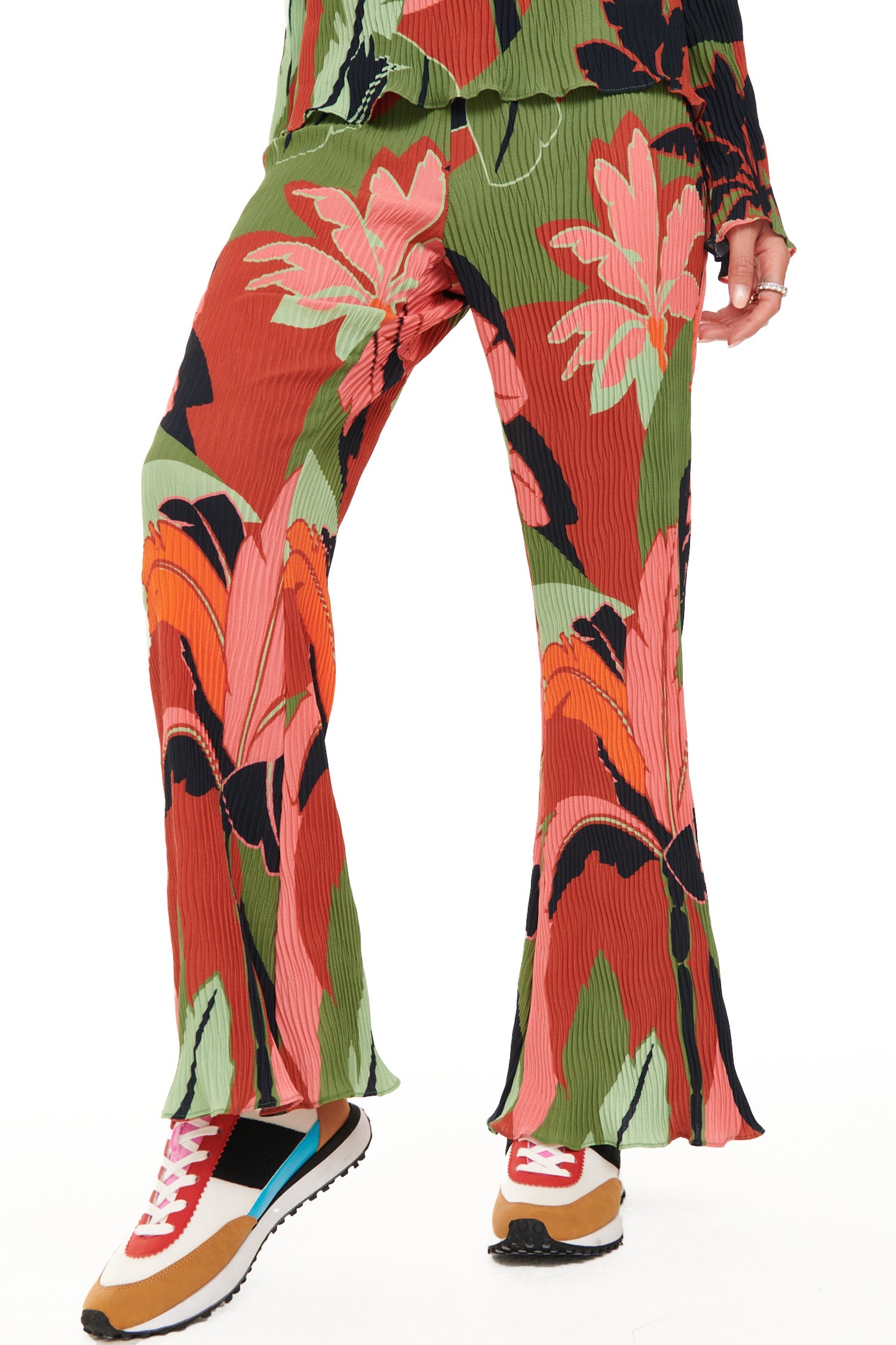 Model wearing Winter Palm Plisse Trouser close up