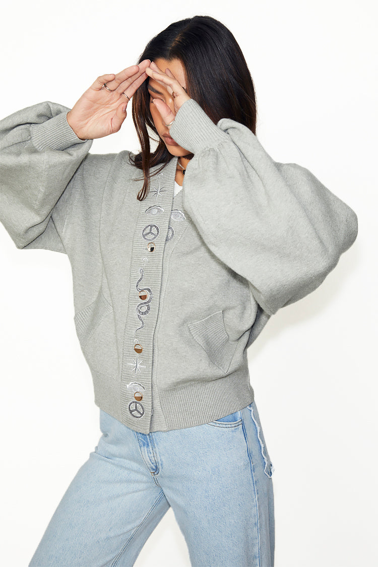 Model wearing Grey Astrid Knit Bomber