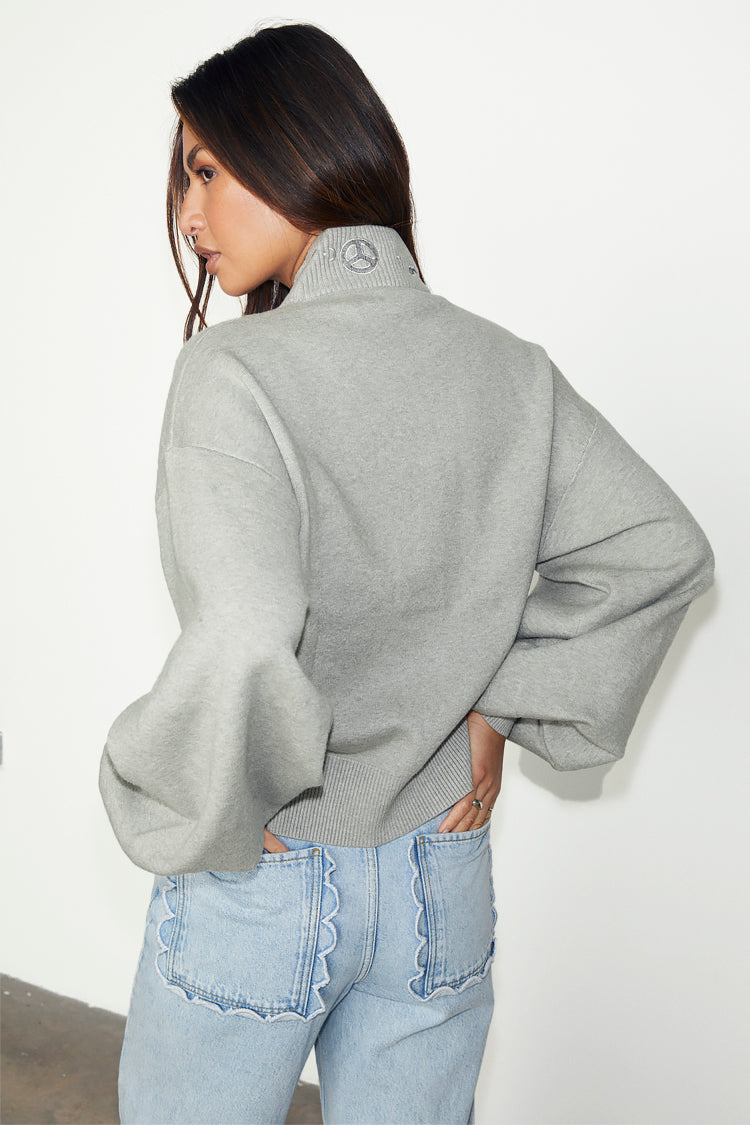 Model wearing Grey Astrid Knit Bomber