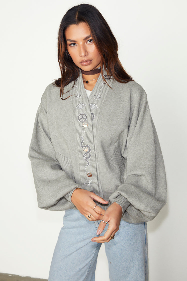 Model wearing Grey Astrid Knit Bomber