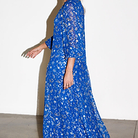 Thumbnail for caption_Model wears Blue Running Wild Paisley Bibi Dress in UK size 10/ US 6