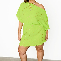 Thumbnail for caption_Model wears Lime Plisse Mini Tilly Dress in UK size 10/ US 6