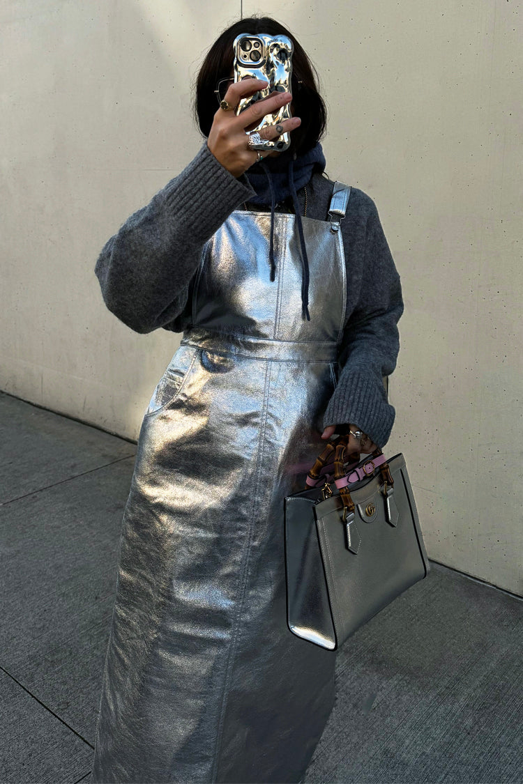 caption_Model wears Silver Pinafore Dress in UK size 8/ US 4