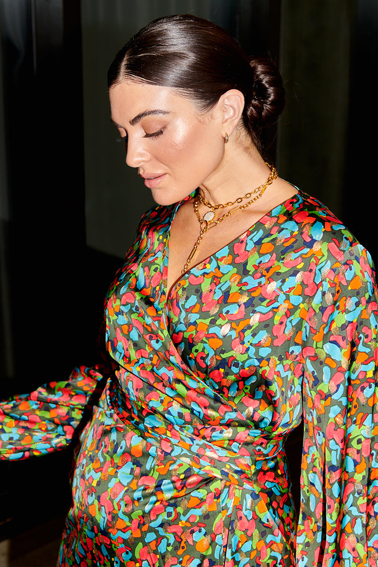 close up of model Model wearing wearing Abstract Print Violet Wrap Dress