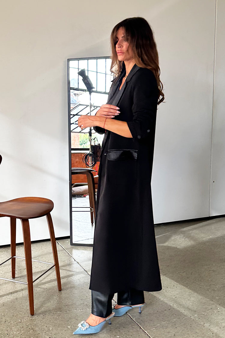 model wearing Black Satin Mix 55 Jacket
