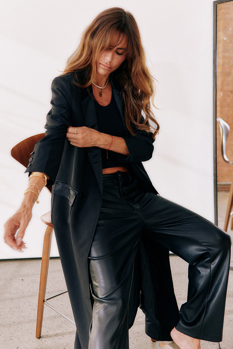model wearing Black Satin Mix 55 Jacket