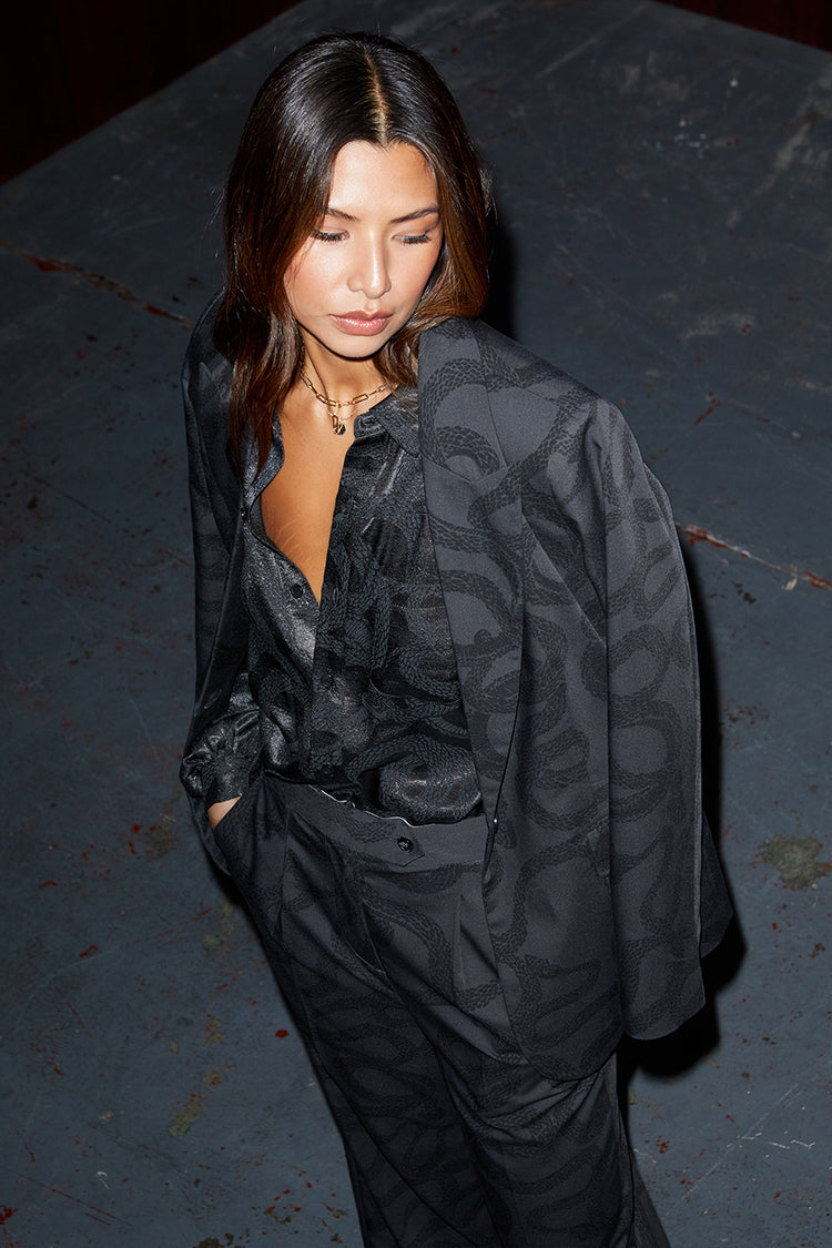 model wearing the Charcoal Snake Jacquard Gabbie Shirt
