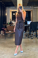 Thumbnail for Model wearing Chocolate Vegan Leather Jaspre Skirt mirror selfie
