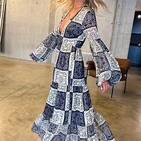 Thumbnail for Model Navy And Cream Bandana Stevie Dress movement