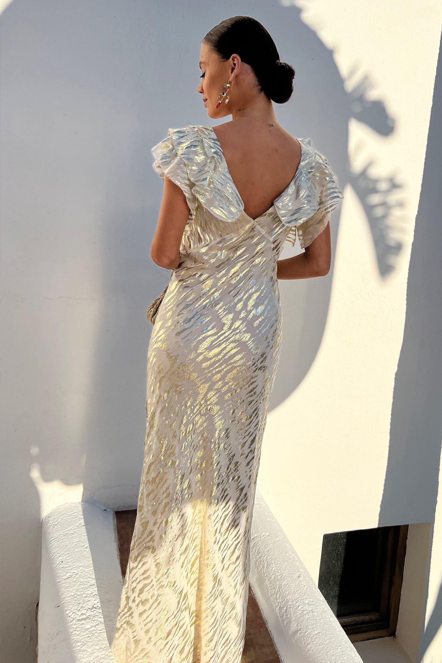 Back of Model wearing Silver Tilda Dress