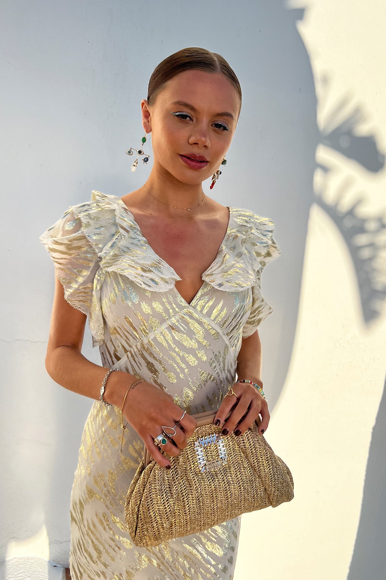 Close up of Model wearing Silver Tilda Dress