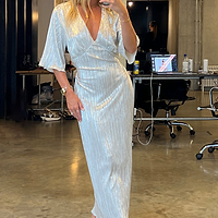 Thumbnail for mirror pic fo model wearing silver plisse dress