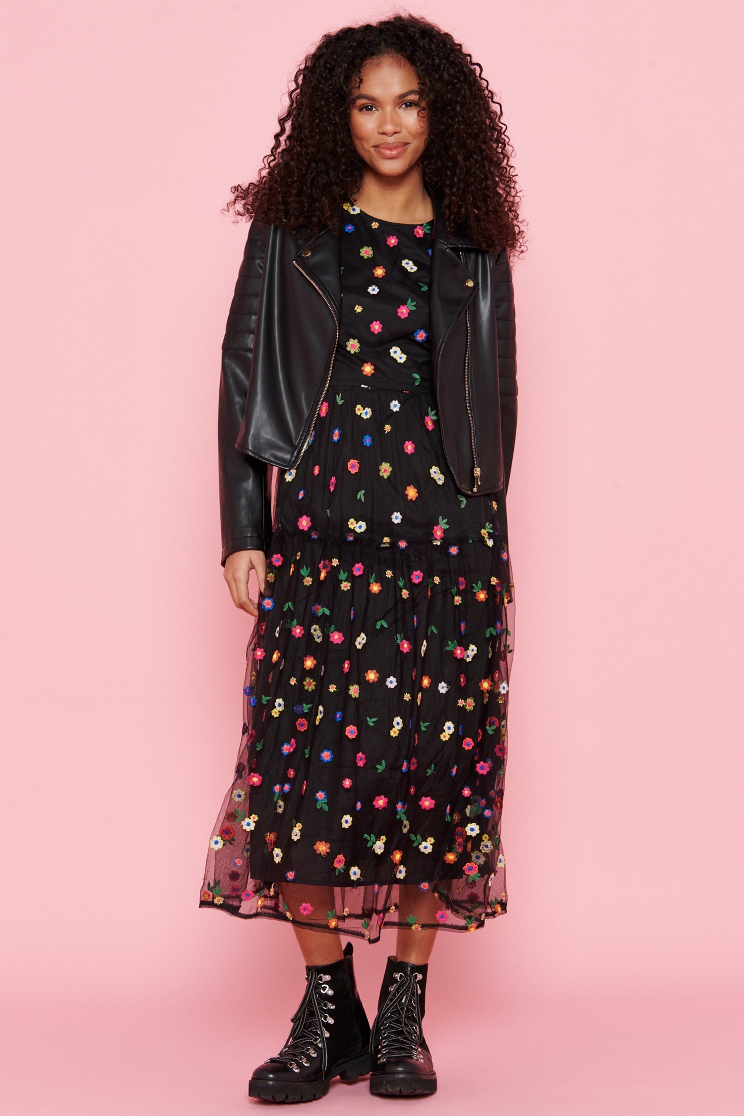 Model wearing Black Flower Abigail facing the camera