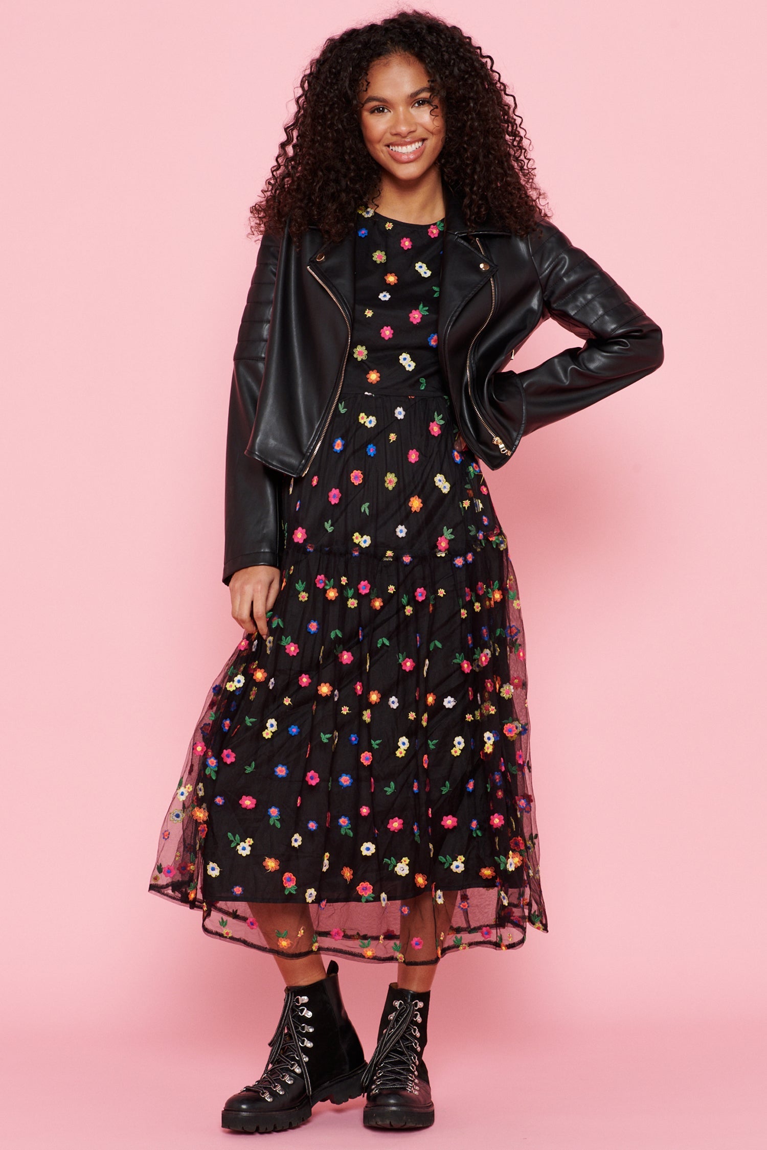 Model wearing Black Flower Abigail facing the camera