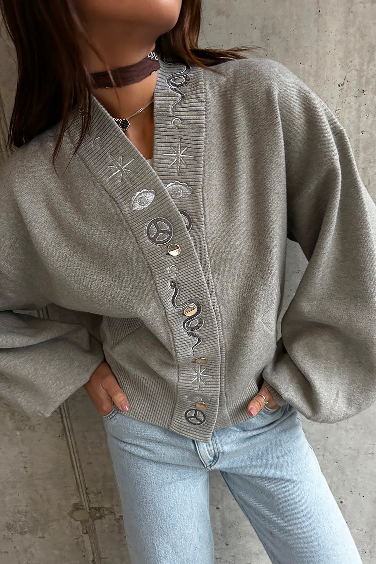 Model wearing Grey Astrid Knit Bomber