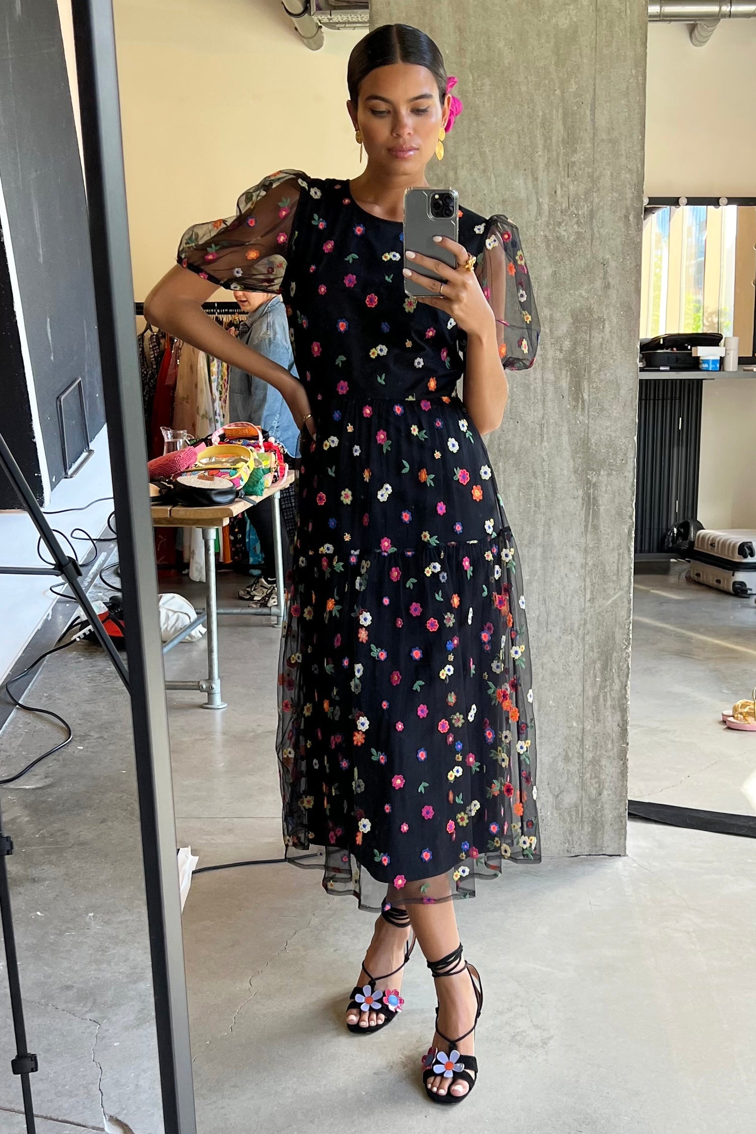Model wearing Black Flower Abigail facing the camera
