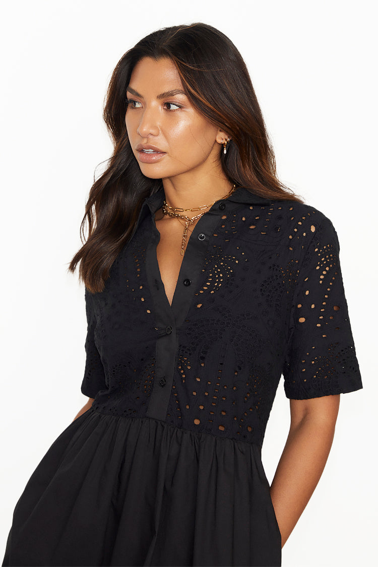  caption_Model wears Black Palm Broderie Hayley Dress in UK size 10/ US 6