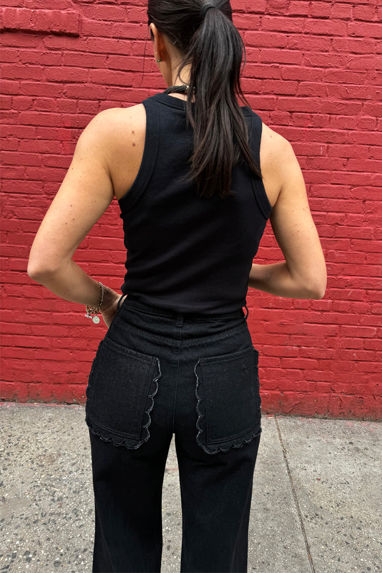 caption_Model wears Black Scallop Detail Jeans in UK size 10/ US 6