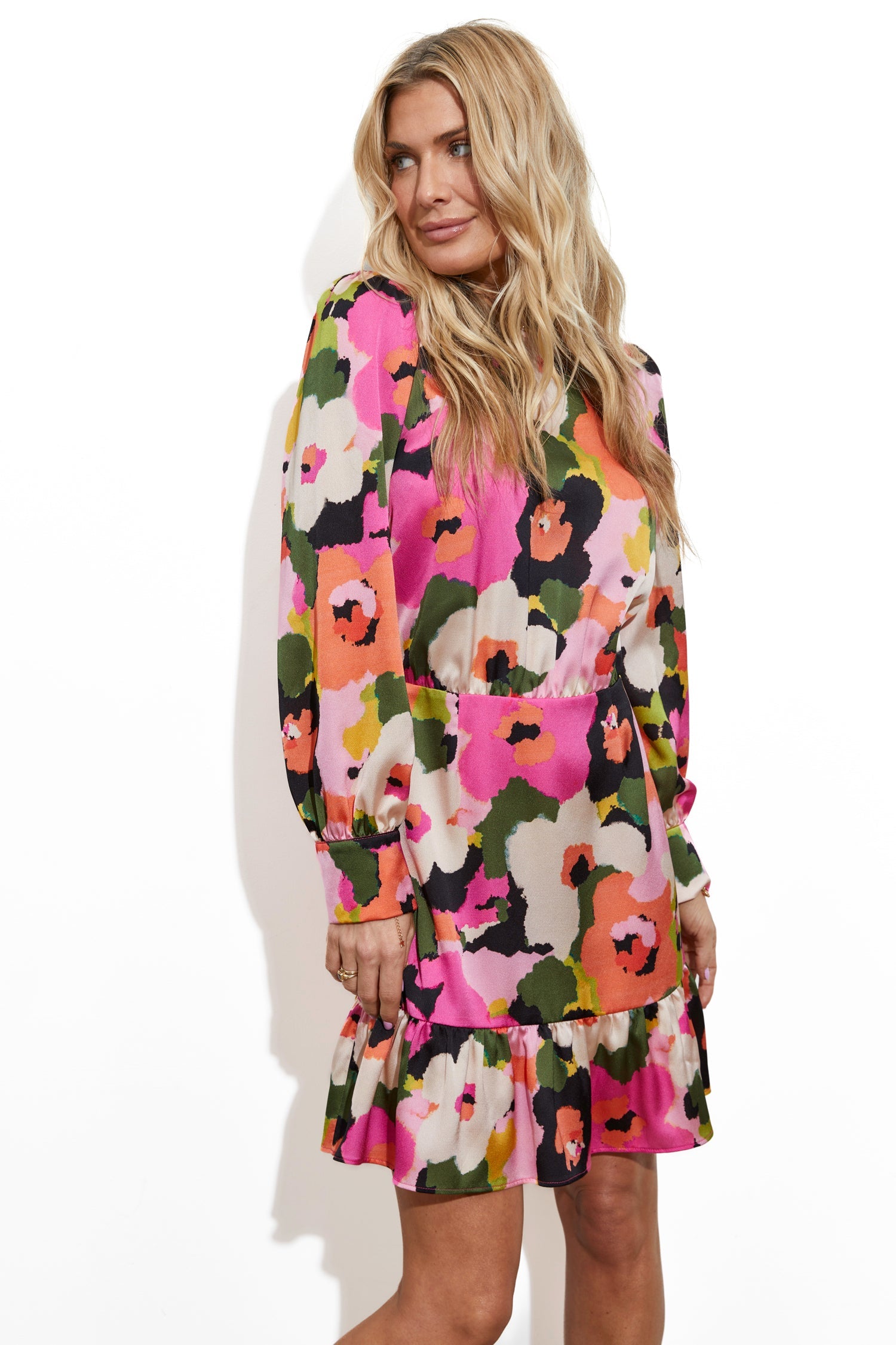 Model wearing WInter Blossom Mini Dress standing facing the camera