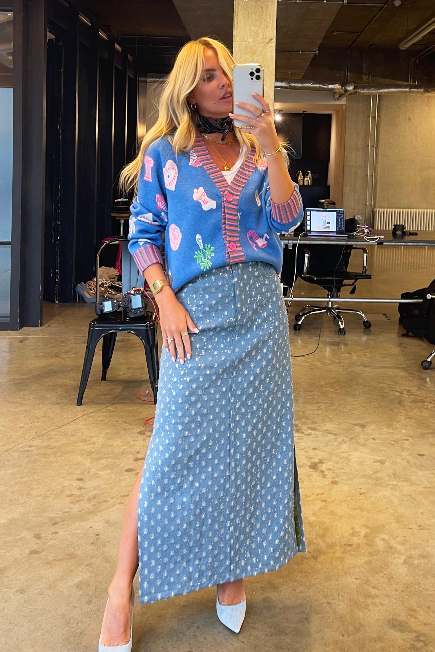 Model wearing Blue Athena Jacquard Cardigan in the mirror