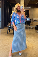 Thumbnail for Model wearing Blue Athena Jacquard Cardigan in the mirror