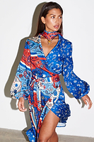 Thumbnail for caption_Model wears Blue Bandana Clash Brooklyn Wrap Dress  in UK size 10/ US 6