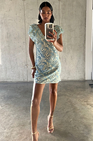 Thumbnail for caption_Model wears Blue Jacquard Mini Tilda in UK size 10/ US 6
