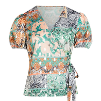 Thumbnail for Boho Print Short Sleeve Wrap Top - Curve