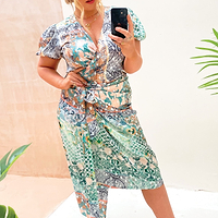 Thumbnail for Boho Print Short Sleeve Wrap Top - Curve