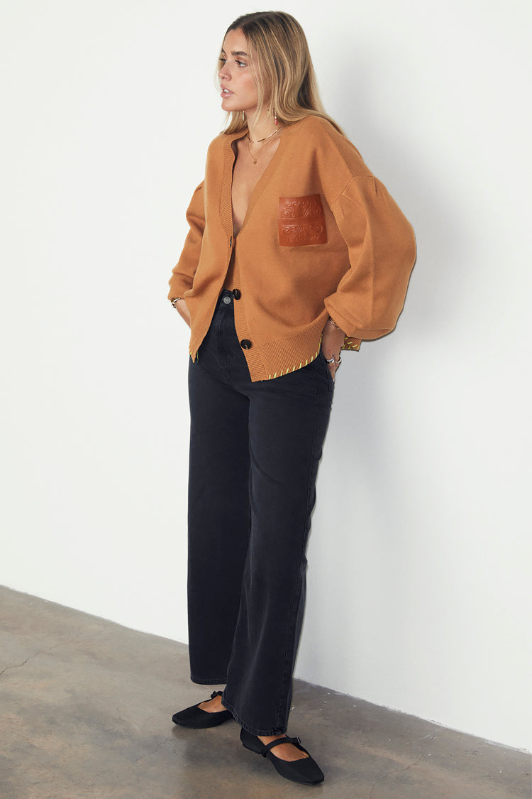 caption_Model wears  Camel Cardigan With PU Patch in size S