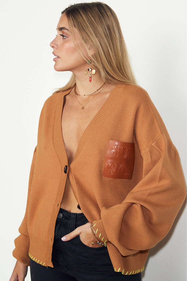 caption_Model wears  Camel Cardigan With PU Patch in size S