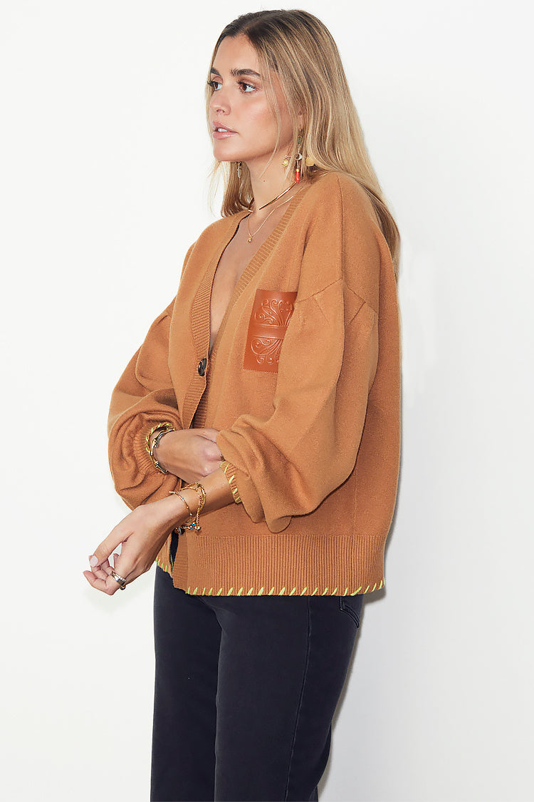 caption_Model wears  Camel Cardigan With PU Patch in size S