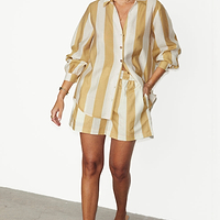 Thumbnail for caption_Model wears Camel Stripe Elissa Shorts in UK size 10/ US 6