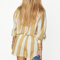 Thumbnail for caption_Model wears Camel Stripe Elissa Shorts in UK size 10/ US 6