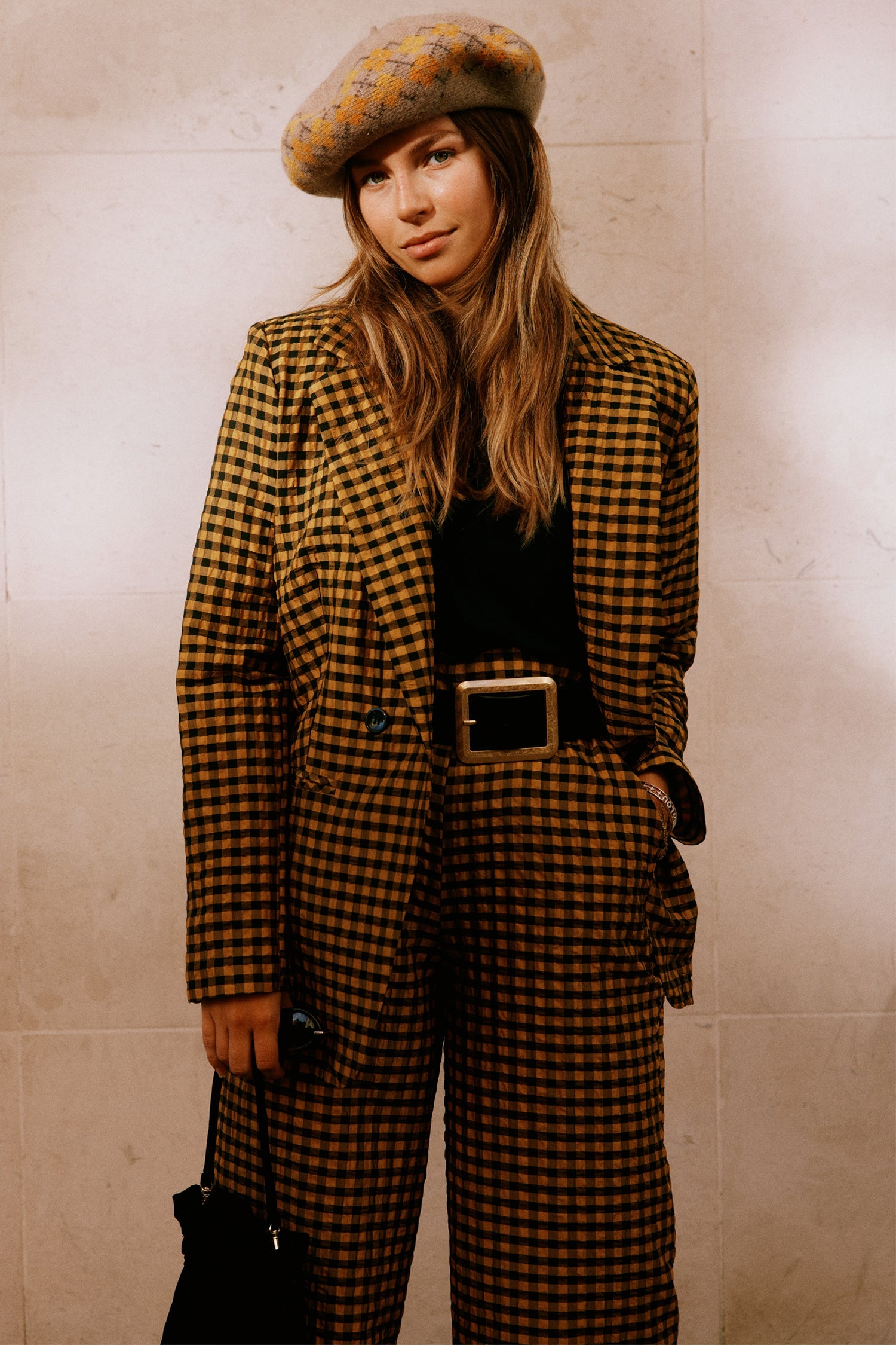 Model wearing Check Blazer standing facing the camera 