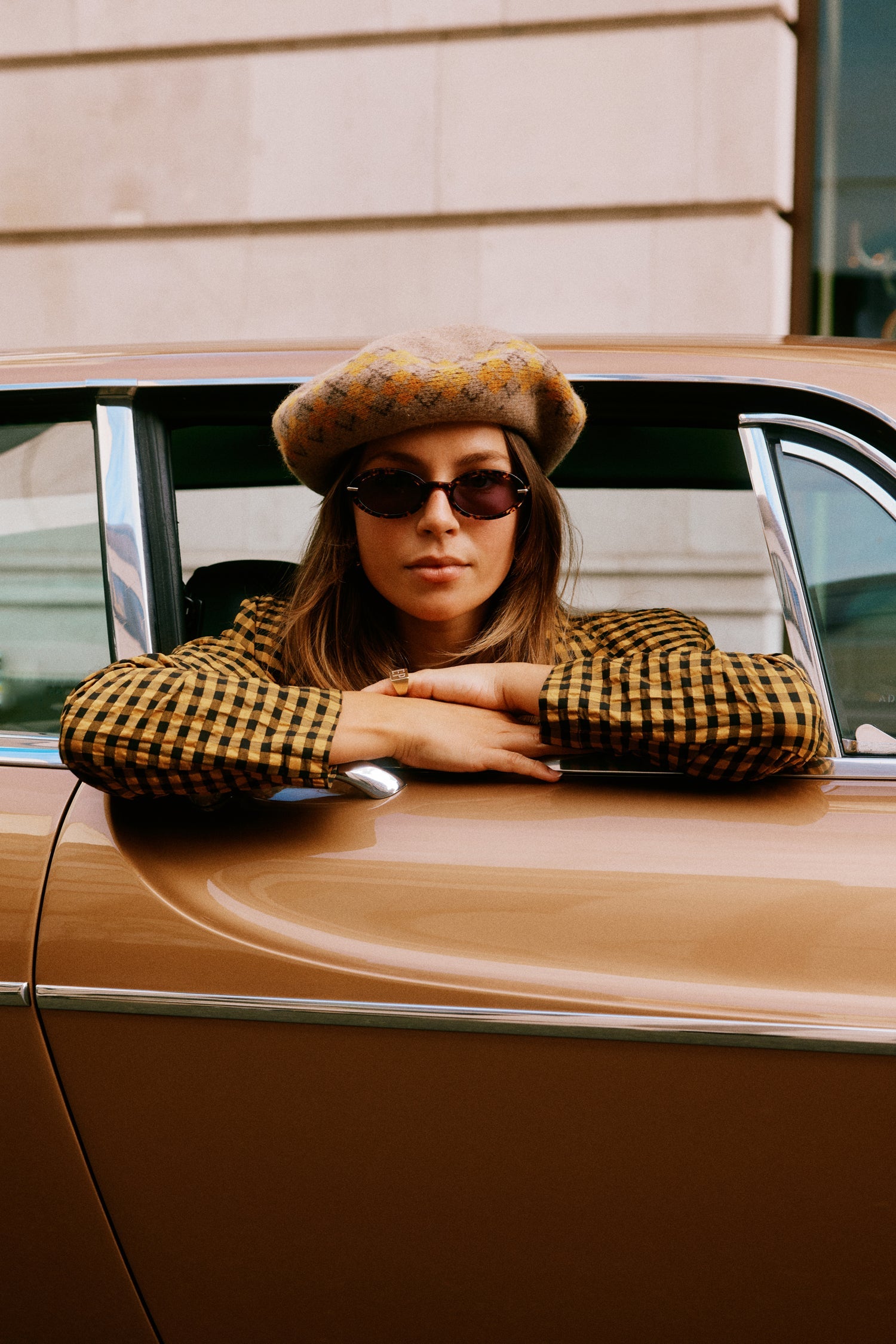 Model wearing Check Blazer standing facing the camera close up