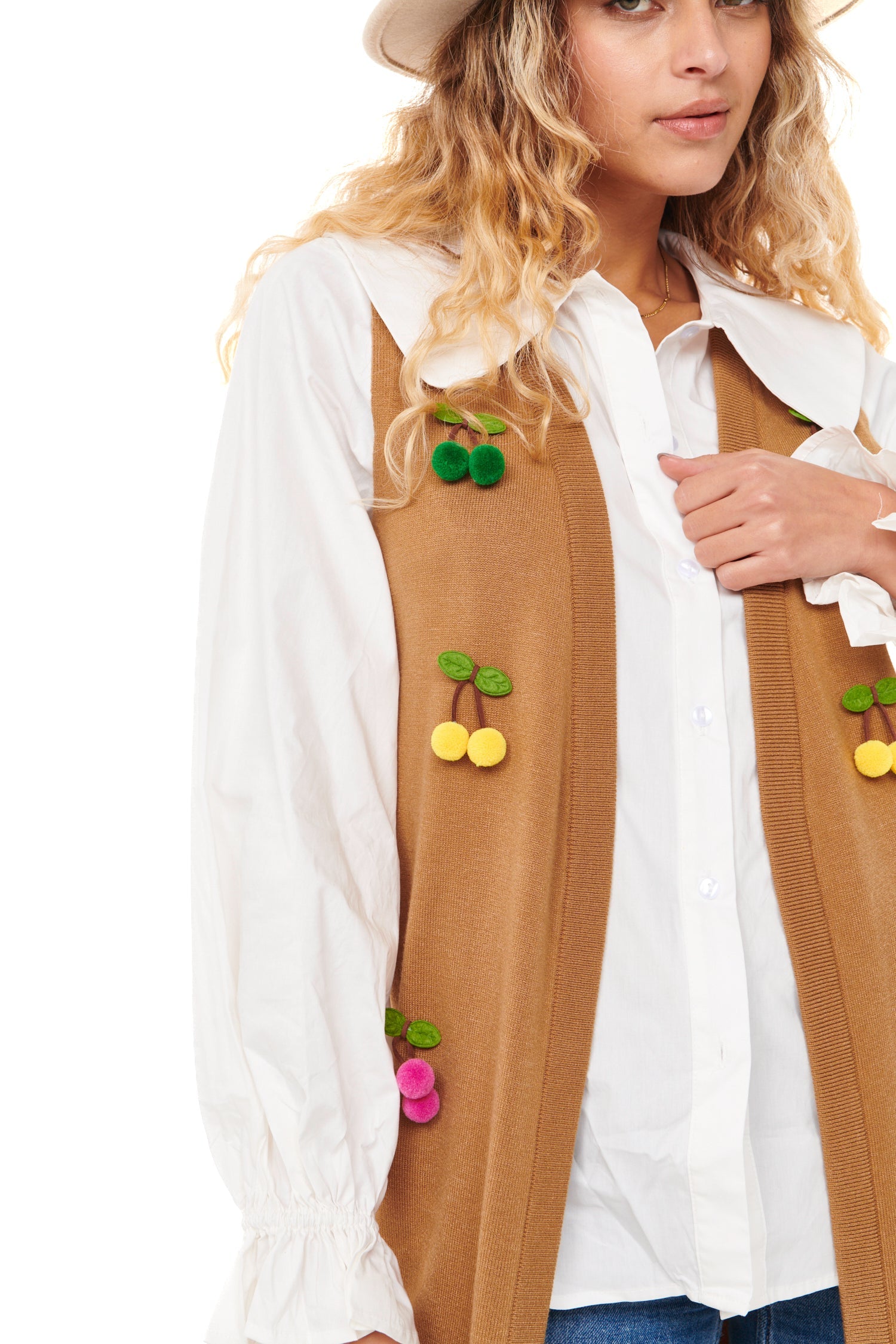 Model wearing Cherry Waistcoat standing facing the camera