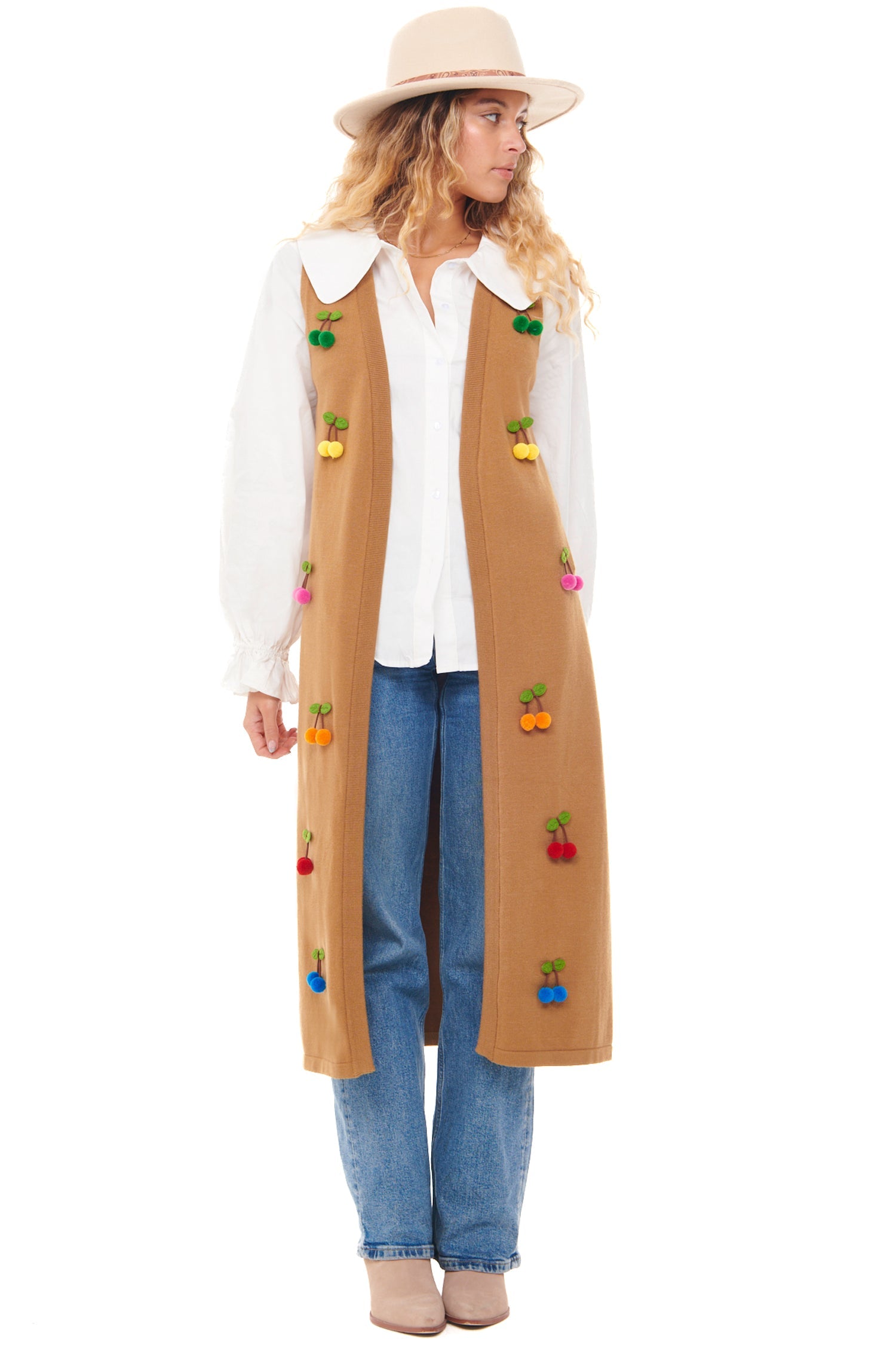 Model wearing Cherry Waistcoat standing facing the camera