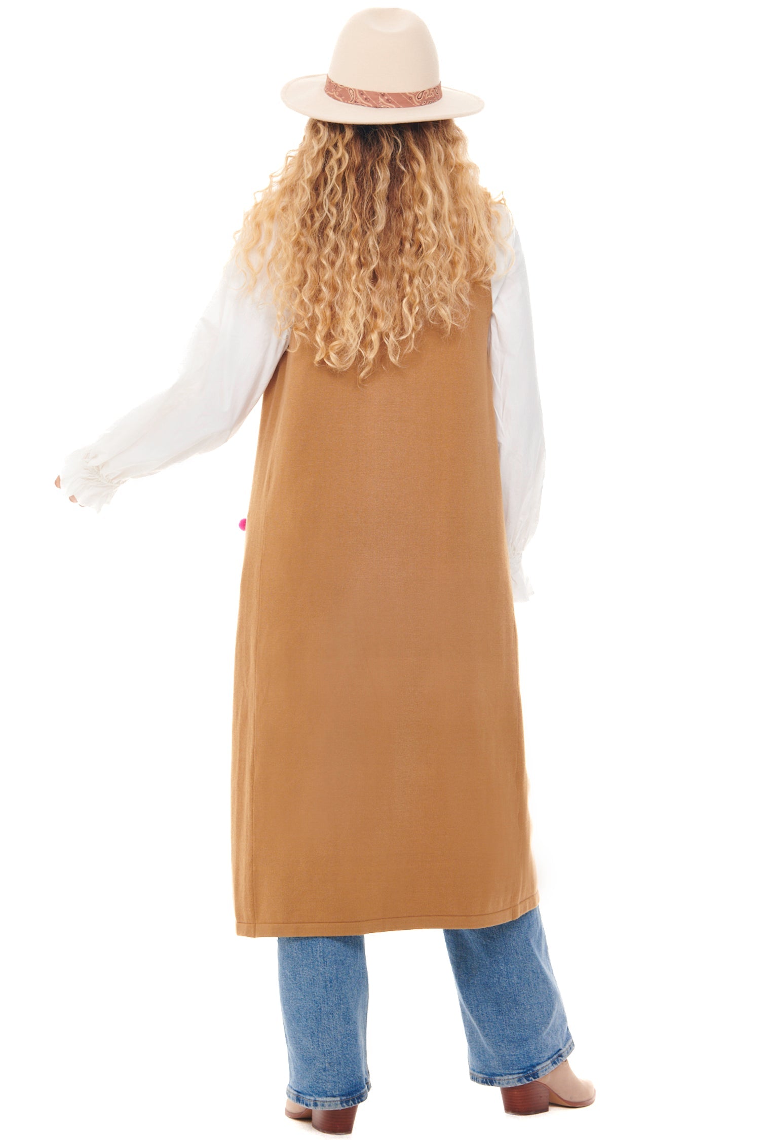 Model wearing Cherry Waistcoat standing facing away from the camera